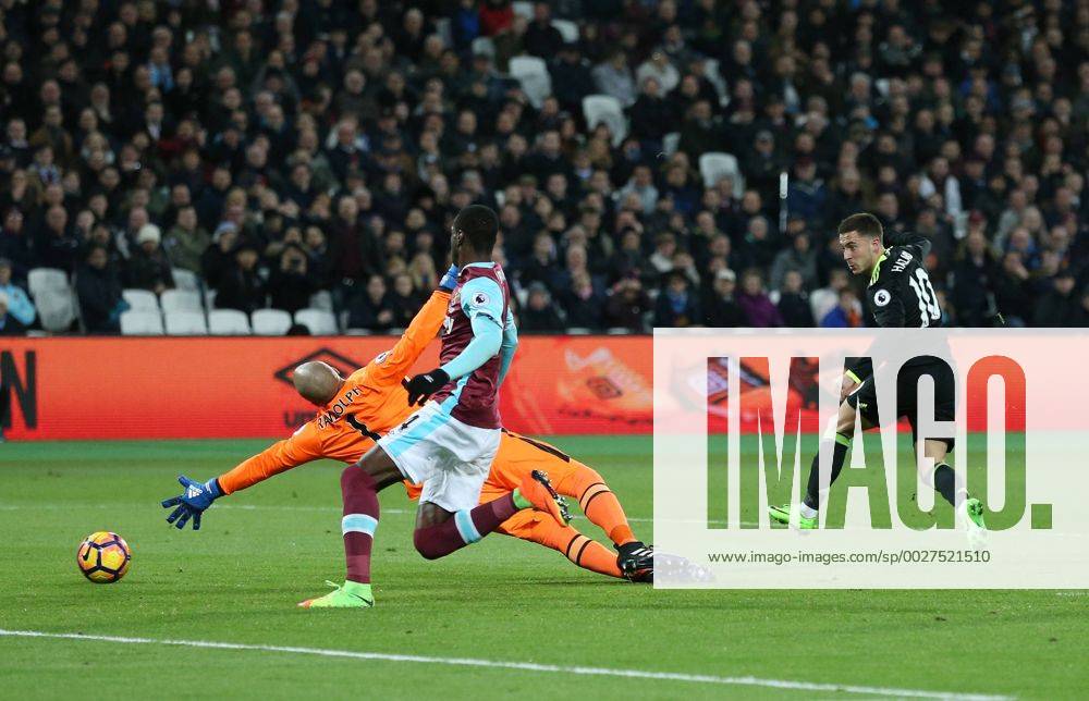 Chelsea s Eden Hazard scoring his sides opening goal during the Premier League match at the London Stadium, London. Picture date March 6th, 2017 Pic David Klein Sportimage .