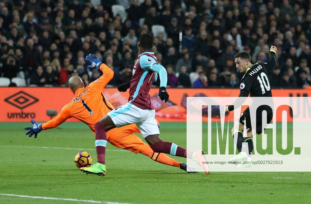 Chelsea s Eden Hazard scoring his sides opening goal during the Premier League match at the London Stadium, London. Picture date March 6th, 2017 Pic David Klein Sportimage .