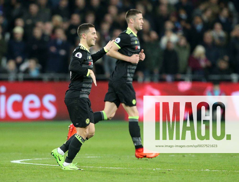 Chelsea s Eden Hazard celebrates scoring his sides opening goal during the Premier League match at the London Stadium, London. Picture date March 6th, 2017 Pic David Klein Sportimage .
