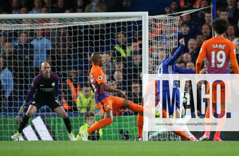 Chelsea s Eden Hazard scoring his sides opening goal during the Premier League match at the Stamford Bridge Stadium, London. Picture date: April 5th, 2017. Pic credit should read: David Klein Sportimage .