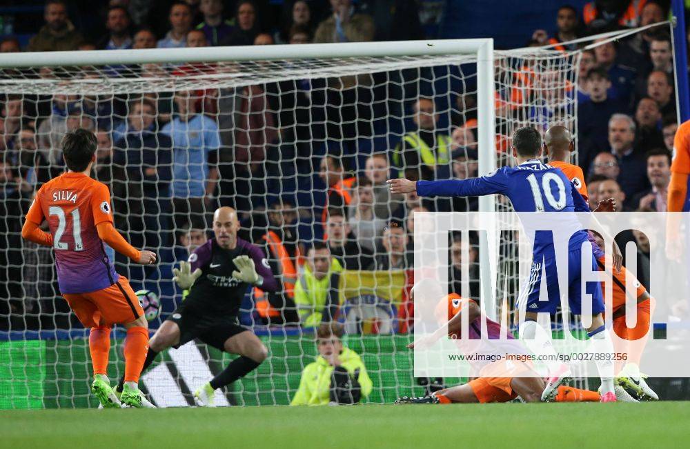 Chelsea s Eden Hazard scoring his sides opening goal during the Premier League match at the Stamford Bridge Stadium, London. Picture date: April 5th, 2017. Pic credit should read: David Klein Sportimage .