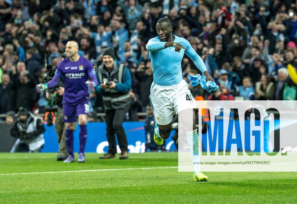 Yaya Toure of Manchester City celebrates scoring the winning penalty during the Capital One Cup Final match between Liverpool and Manchester City at Wembley Stadium, London, on the 28th February 2016.