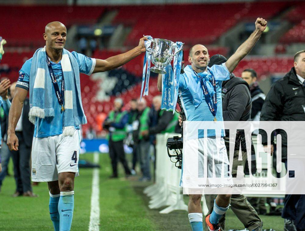 Vincent Kompany of Manchester City and Pablo Zabaleta of Manchester City during the Capital One Cup Final match between Liverpool and Manchester City at Wembley Stadium, London, on the 28th February 2016.