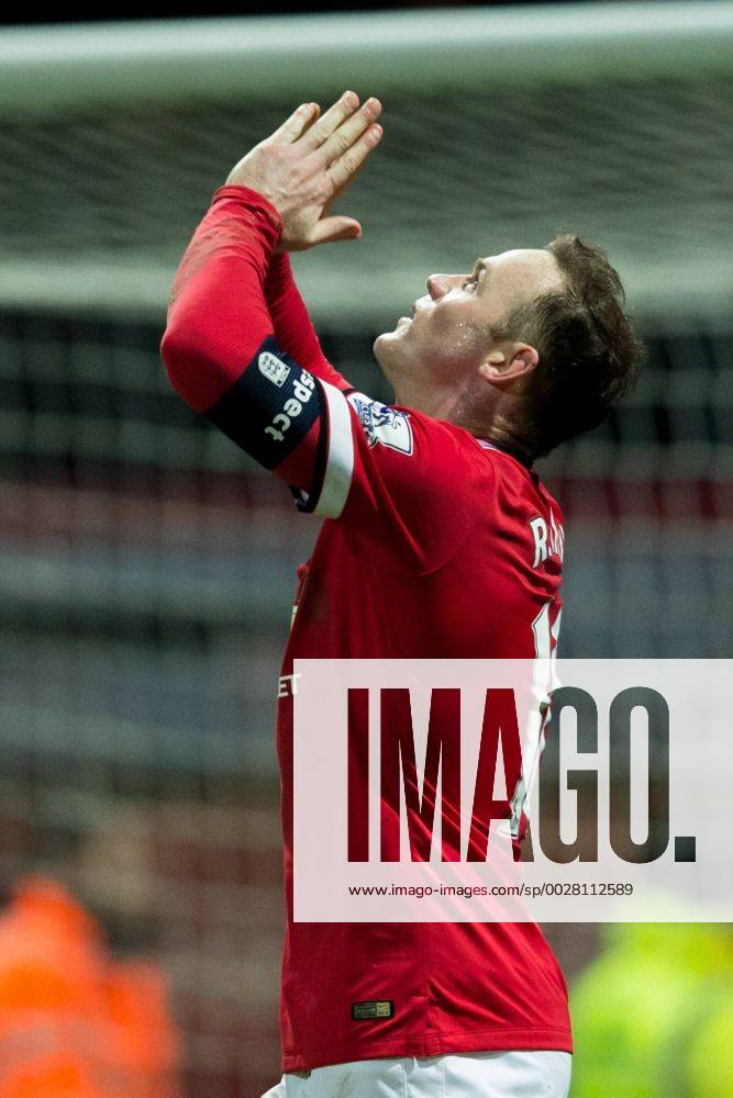 Wayne Rooney of Manchester United ManU looks to the heavens after scoring a penalty against Preston North End giving his side a 3-1 lead after trailing 1-0 during the The FA Cup match between Preston North End and Manchester United at Deepdale, Preston, England on 16 February 2015.