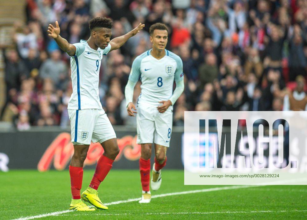 Daniel Sturridge of England celebrates scoring the opening goal during the FIFA World Cup WM Weltmeisterschaft Fussball 2018 Qualifier match between England and Malta at Wembley Stadium, London, England on 8 October 2016.
