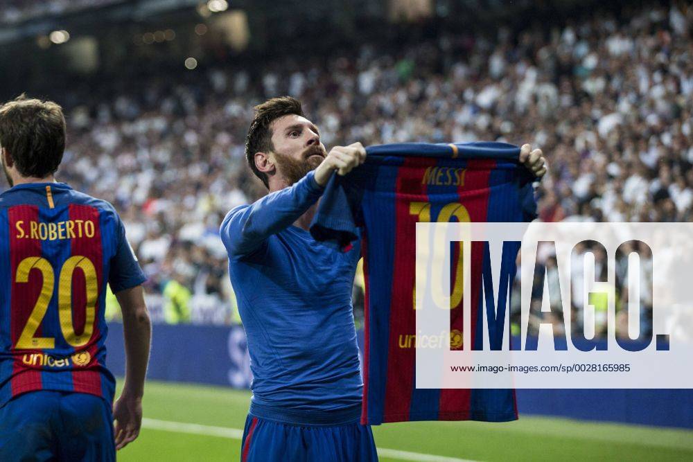 Leo Messi of FC Barcelona Barca celebrates after scoring a goal during the match of La Liga between Real Madrid and Futbol Club Barcelona at Santiago Bernabeu Stadium in Madrid, Spain. April 23, 2017. (20170423049)