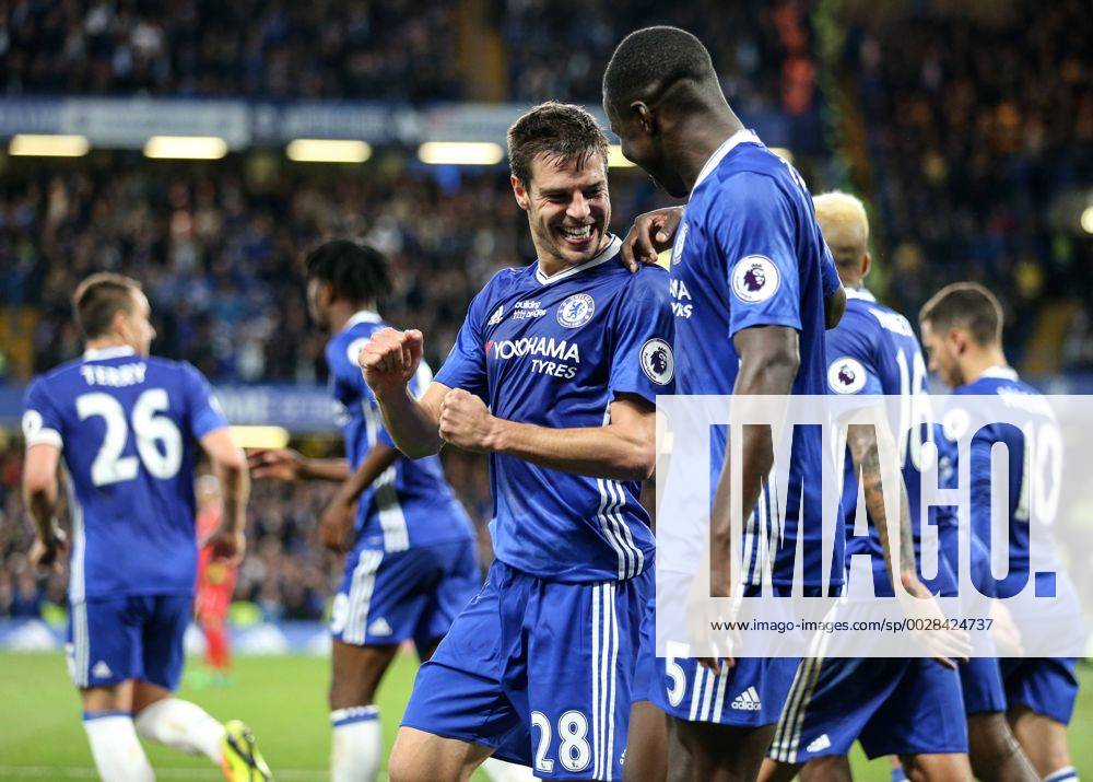 Chelsea s Cesar Azpilicueta celebrates scoring his sides second goal during the Premier League match at Stamford Bridge Stadium, London. Picture date: May 15th, 2017. Pic credit should read: David Klein Sportimage .