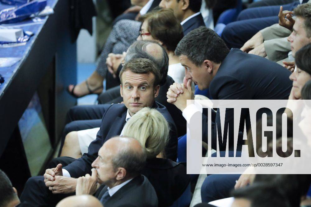 Emmanuel Macron, president de la Republique francaise, Gerald DARMANIN, ministre de l Action et des Comptes publics, BRIGITTE TROGNEUX MACRON FOOTBALL : PSG vs SCO Angers - Finale Coupe de France - 27 05 2017 StephaneAllaman Panoramic