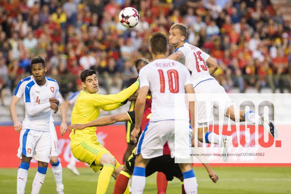 Belgium s goalkeeper Thibaut Courtois and Czech Tomas Soucek fight for the ball during a friendly game between Belgian national soccer team Red Devils and Czech Republic, Monday 05 June 2017, in Brussels. LAURIExDIEFFEMBACQ x05108823x