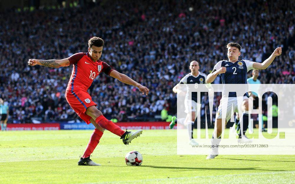 England s Dele Alli fires in a shot during the FIFA World Cup WM Weltmeisterschaft Fussball Qualifying match at Hampden Park Stadium, Glasgow Picture date 10th June 2017. Picture credit should read: David Klein Sportimage .