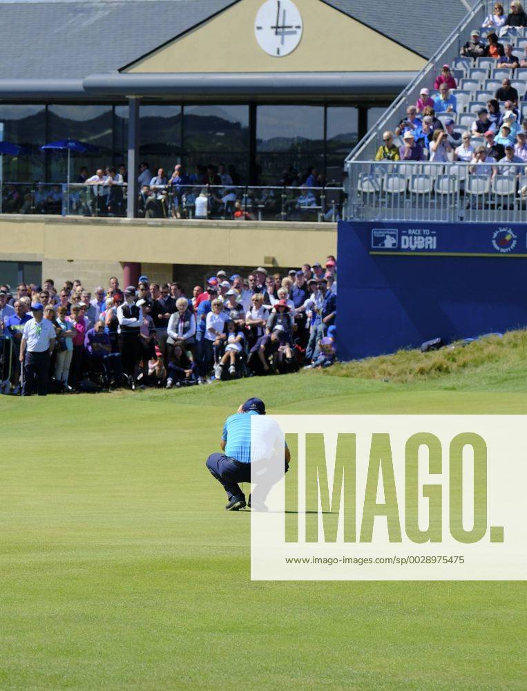 July 8th 2017, Portstewart Golf Club, Portstewart, Northern Ireland; Dubai Duty Free Irish Open Golf Championship, Day 3; Padraig Harrington (IRL) lines up his putt on the 18th green in front of the grandstand during the third round of the Dubai Duty Free Irish Open Cookex ActionPlus11898995