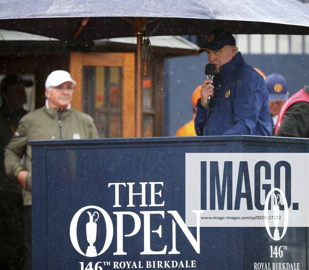 20th July 2017, Royal Birkdale Golf Club, Southport, England; The 146th Open Golf Championship ; First round ;The official starter Matt Corker announces the first group onto the tee at 635am, Mark O Meara (USA) , Chris Wood (ENG) and Ryan Moore (USA) Blunsdenx ActionPlus11903868