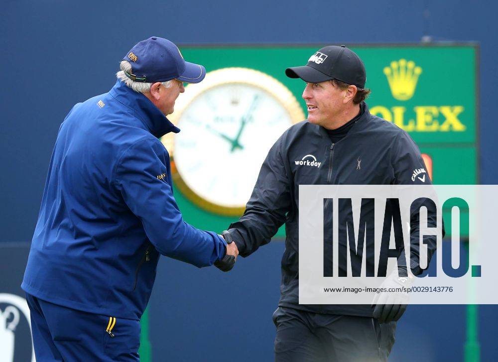 21st July 2017, Royal Birkdale Golf Club, Southport, England; The 146th Open Golf Championship ; Second round ; Phil Mickelson (USA) shakes hands with R&amp;A starter Matt Corker Blunsdenx ActionPlus11904409