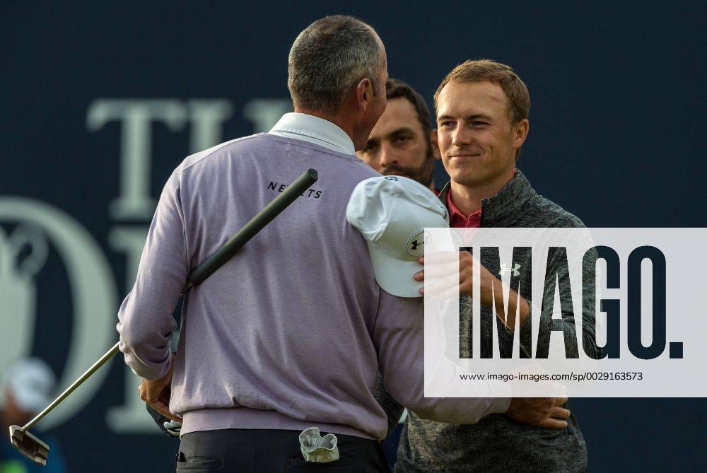 22nd July 2017, Royal Birkdale Golf Club, Southport, England; The 146th Open Golf Championship, third round ; Matt Kuchar (USA) shakes hands with Jordan Spieth (USA) on the 18th green Blunsdenx ActionPlus11905261