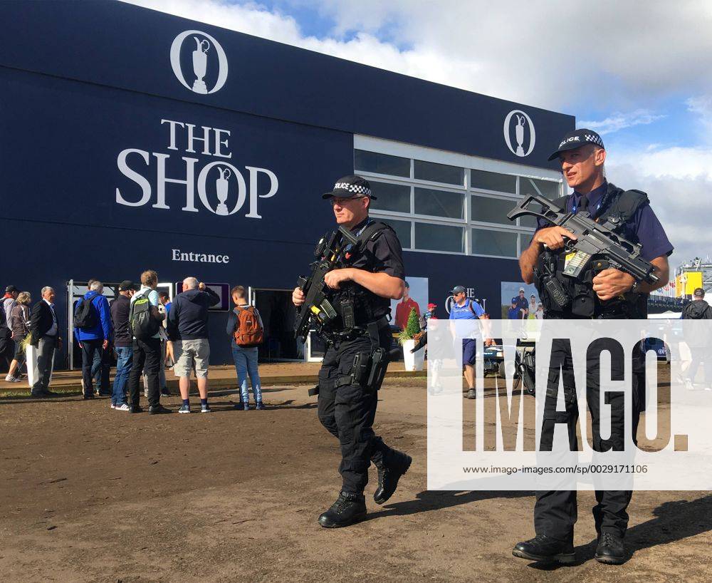 23rd July 2017, Royal Birkdale Golf Club, Southport, England; The 146th Open Golf Championship, fourth round ; Armed Merseyside Police officers on patrol in the tented village Blunsdenx ActionPlus11905437