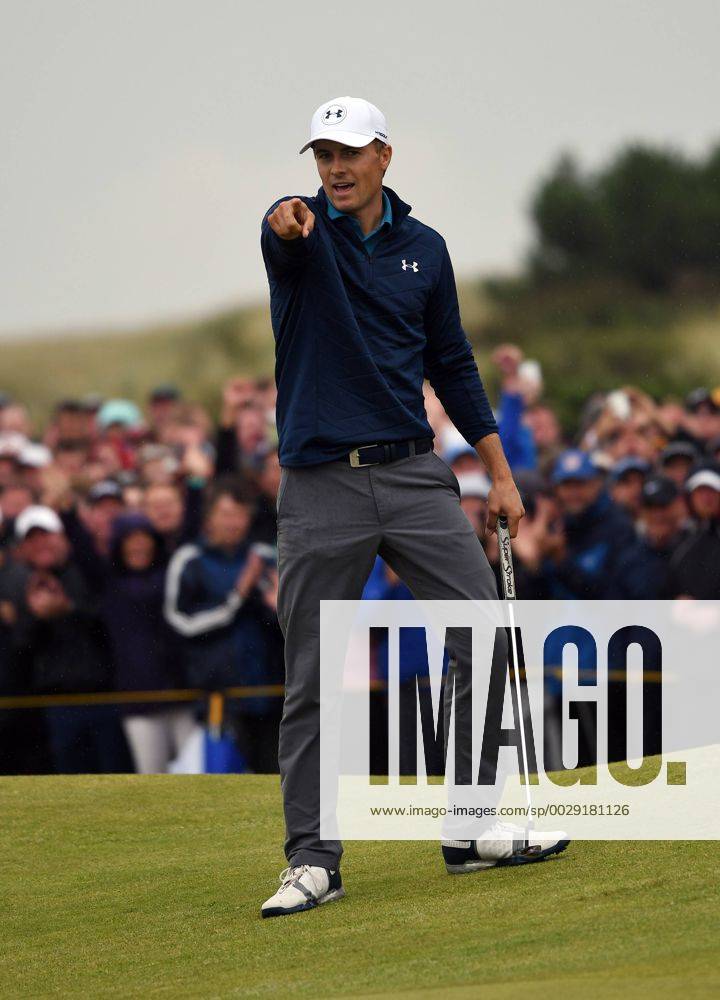American Jordan Spieth celebrates an eagle on the 15th hole at the 146th Open Championship at Royal Birkdale Golf Club, Southport, England on July 23, 2017.Spieth won in a combined score of 268, twelve under par. LON2017072316 HUGOxPHILPOTT