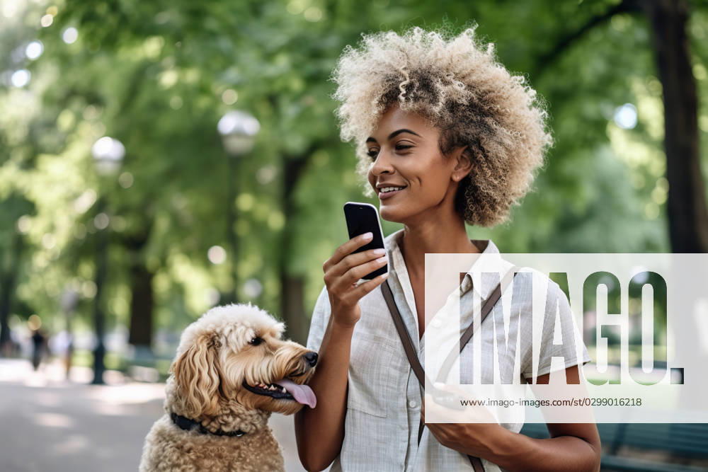 A woman using her smartphone to communicate with her cheerful pet canine in the city, conveying a sense of happiness through their connection. AI-GENERATED IMAGE AI GENERATED IMAGE A good day 023 RECORD DATE NOT STATED