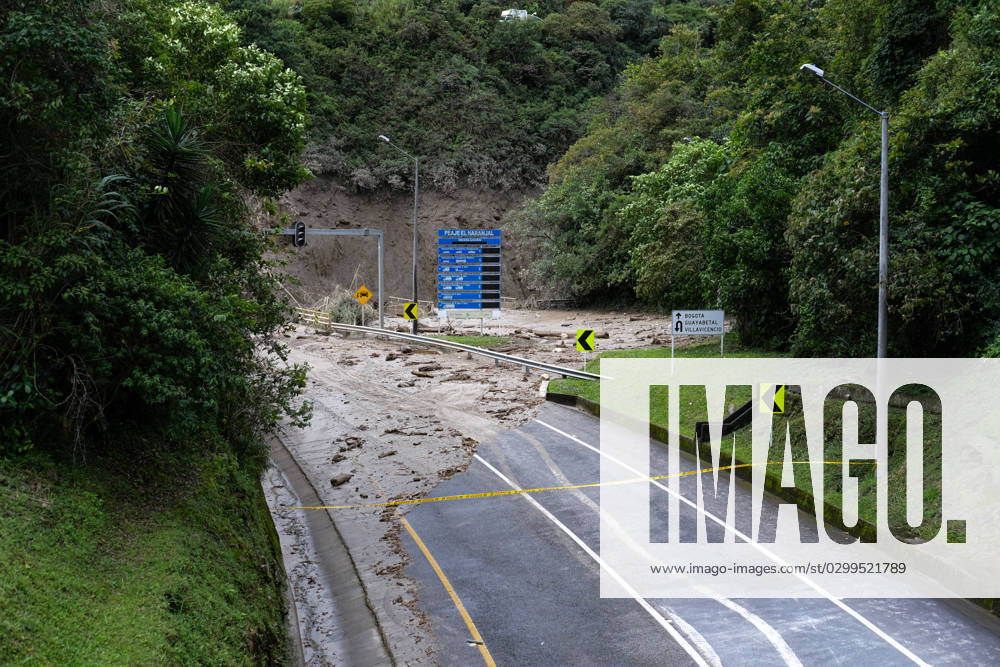 The entrance of the Naranjal toll booth between Bogota and Villavicencio is seen filled with land debree after a landslide caused by heavy rains left at least 14 people dead and about 12 missing in Quetame, Cundinamarca, Colombia. Bogota Colombia - ZUMAvp1_ 20230718_zia_vp1_011