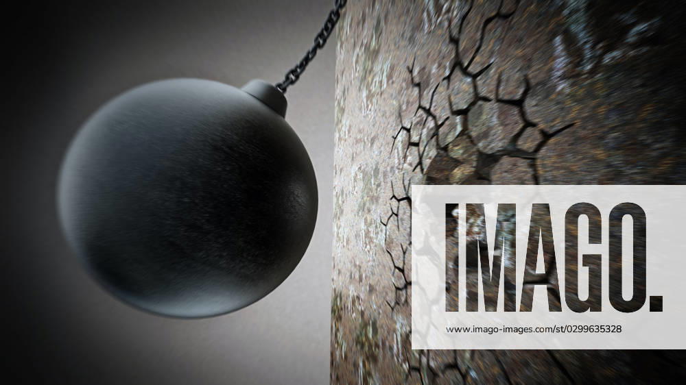 Wrecking ball demolishes old wall. 3D illustration Wrecking ball demolishes old wall. 3D illustration.