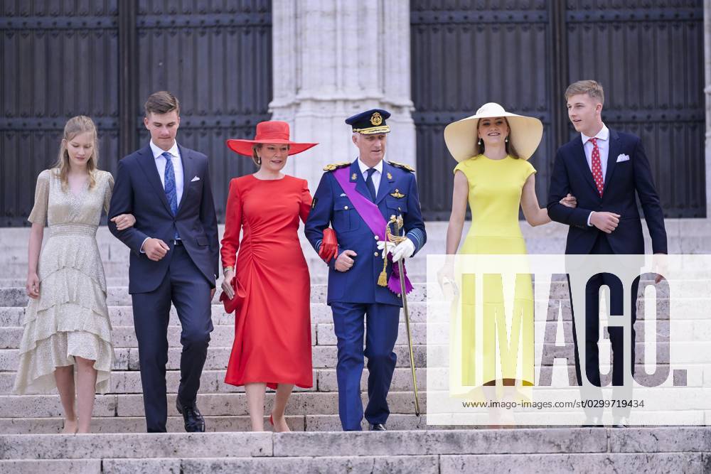Princess Eleonore, Prince Gabriel, Queen Mathilde of Belgium, King Philippe - Filip of Belgium, Crown Princess Elisabeth and Prince Emmanuel pictured after the Te Deum mass, on the occasion of the Belgian National Day, at the Saint Michael and Saint Gudula Cathedral (Cathedrale des Saints Michel et Gudule Sint-Michiels- en Sint-Goedele kathedraal) in Brussels, Friday 21 July 2023. LAURIExDIEFFEMBACQ 70887694