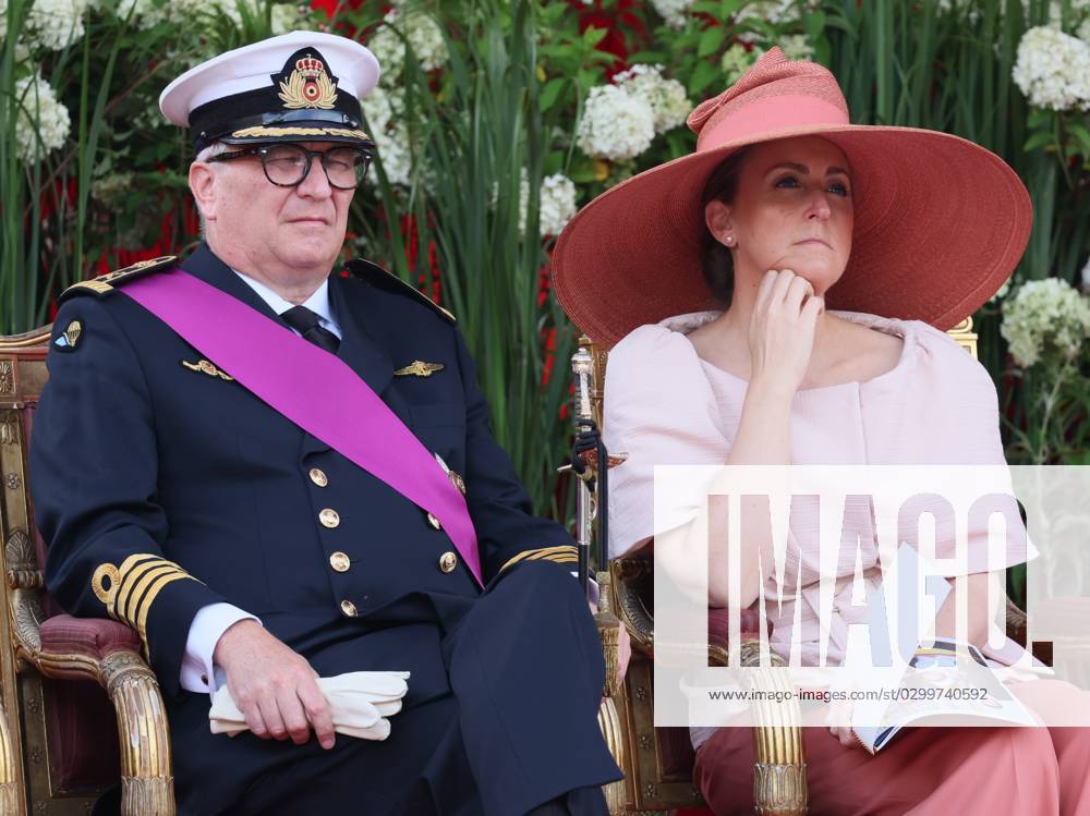 Prince Laurent and Princess Claire of Belgium pictured at the military and civilian parade on the Belgian National Day, in Brussels, Friday 21 July 2023. This parade pays tribute to our country s security and emergency services, such as the army, police, fire brigade or civil protection. In addition, King Philip s ten-year reign will also be celebrated. BENOITxDOPPAGNE 70898904