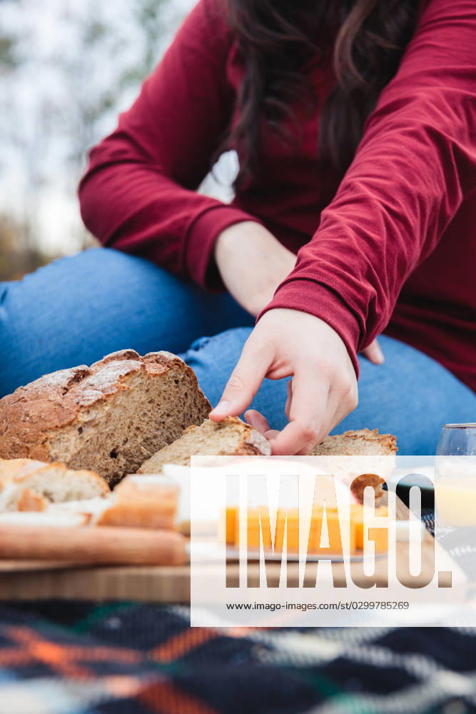 MR_ID14903_13940_CarlaNahuelhual.jpg From below crop person taking piece of bread placed on cheeseboard on fabric while having picnic in countryside, Model released Padnob_ID14903_455356_011