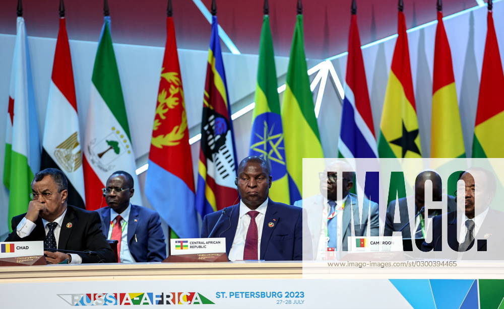 RUSSIA, ST PETERSBURG - JULY 28, 2023: Chadâ€s Foreign Minister Mahamat Saleh Annadif, Faustin-Archange Touadera, President of the Central African Republic, and Cameroon s President Paul Biya (L-R front) attend the plenary session of the 2nd Russia-Africa Summit at the ExpoForum Convention and Exhibition Centre. Mikhail Tereshchenko TASS Host Photo Agency 60724301