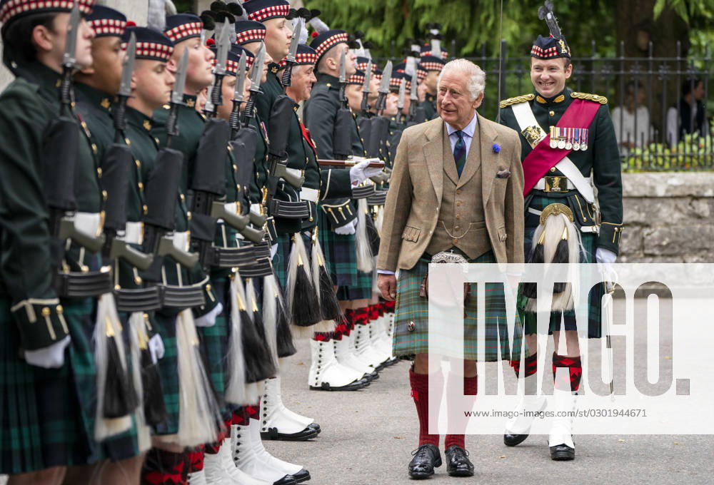 King summer residence at Balmoral 2023 King Charles III inspects Balaklava Company, 5th Battalion, The Royal Regiment of Scotland, at the gates of Balmoral, as he takes up summer residence at the castle. Balmoral, Scotland, UK, 21 August 2023, Credit:Jane Barlow Avalon UK, Balmoral