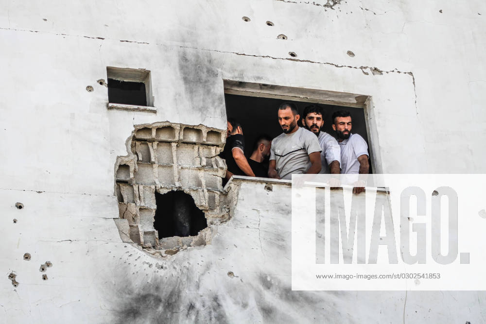 Nablus, West bank, Palestine: Palestinians inspect the effects of destruction near the house which was surrounded by Israeli forces during a raid to arrest Palestinians in the village of Aqaba, near the city of Tubas, in the northern West Bank. Clashes took place for hours between Palestinians and the Israeli forces besieging them during a military operation to arrest them. The operation failed and the wanted people fled. Unarmed 36-years-old Palestinian was killed and others were wounded. Nablus Palestine - ZUMAs197 20230901_aaa_s197_046