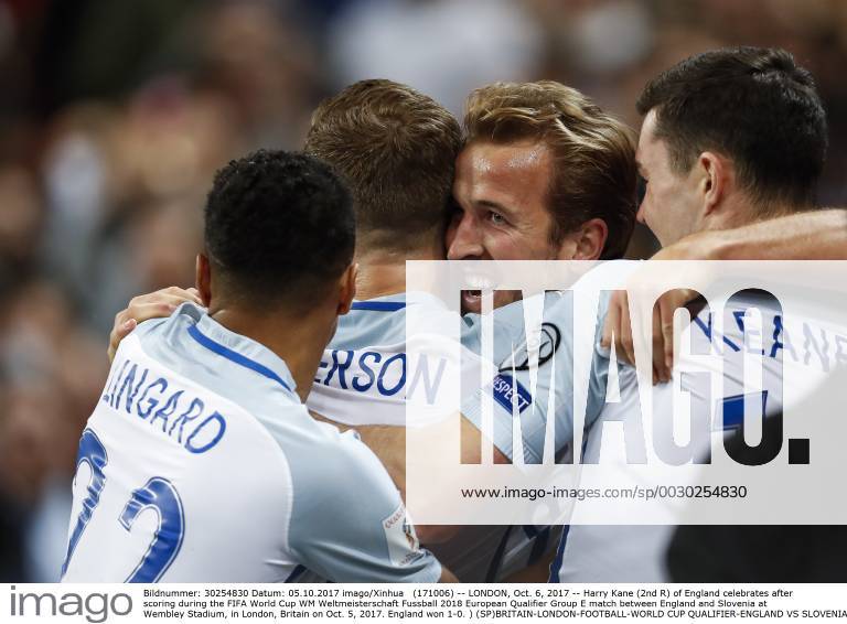 (171006) -- LONDON, Oct. 6, 2017 -- Harry Kane (2nd R) of England celebrates after scoring during the FIFA World Cup WM Weltmeisterschaft Fussball 2018 European Qualifier Group E match between England and Slovenia at Wembley Stadium, in London, Britain on Oct. 5, 2017. England won 1-0. ) (SP)BRITAIN-LONDON-FOOTBALL-WORLD CUP QUALIFIER-ENGLAND VS SLOVENIA HanxYan
