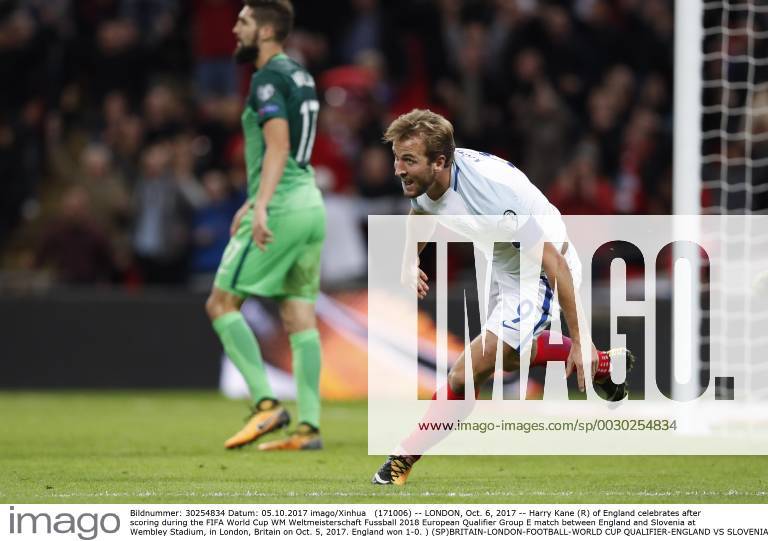 (171006) -- LONDON, Oct. 6, 2017 -- Harry Kane (R) of England celebrates after scoring during the FIFA World Cup WM Weltmeisterschaft Fussball 2018 European Qualifier Group E match between England and Slovenia at Wembley Stadium, in London, Britain on Oct. 5, 2017. England won 1-0. ) (SP)BRITAIN-LONDON-FOOTBALL-WORLD CUP QUALIFIER-ENGLAND VS SLOVENIA HanxYan