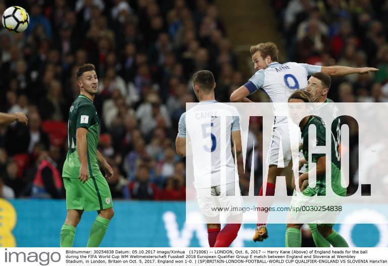 (171006) -- LONDON, Oct. 6, 2017 -- Harry Kane (Above) of England heads for the ball during the FIFA World Cup WM Weltmeisterschaft Fussball 2018 European Qualifier Group E match between England and Slovenia at Wembley Stadium, in London, Britain on Oct. 5, 2017. England won 1-0. ) (SP)BRITAIN-LONDON-FOOTBALL-WORLD CUP QUALIFIER-ENGLAND VS SLOVENIA HanxYan