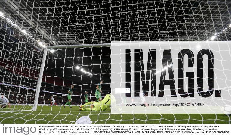 (171006) -- LONDON, Oct. 6, 2017 -- Harry Kane (R) of England scores during the FIFA World Cup WM Weltmeisterschaft Fussball 2018 European Qualifier Group E match between England and Slovenia at Wembley Stadium, in London, Britain on Oct. 5, 2017. England won 1-0. ) (SP)BRITAIN-LONDON-FOOTBALL-WORLD CUP QUALIFIER-ENGLAND VS SLOVENIA HanxYan