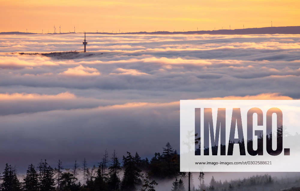 Sonnenaufgang über dem Nebel Blick auf den Sonnenaufgang aus den Höhenlagen des Taunus, Tal ist eine dicke Nebeldecke zu sehen, aus der die höchsten Gipfel des Mittelgebirges herausragen, mittig der Gipfel des Winterstein Steinkopf. Im Hintergrund Windräder eines Windparks., Schmitten Hessen Deutschland