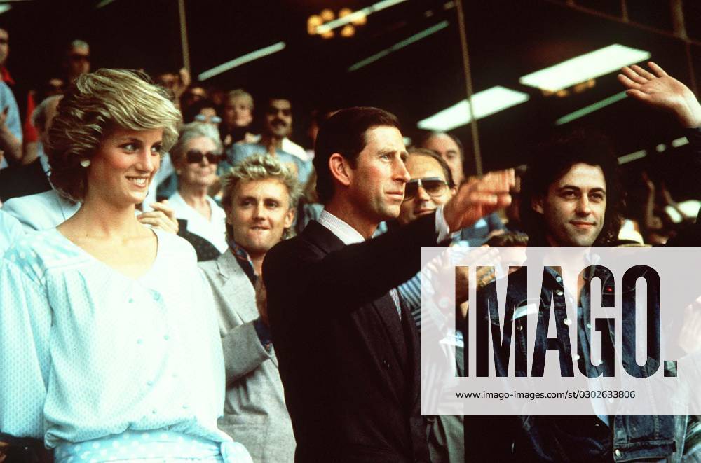 HRH PRINCE AND PRINCESS OF WALES with Right: BOB GELDOF Irish Pop Musician Attending the Live Aid for Africa concert at Wembley Stadium COMPULSORY CREDIT: UPPA Photoshot Photo CFK 194704 13.07.1985 HRH PRINCE AND PRINCESS OF WALES with Right: BOB GELDOF Irish Pop Musician Attending the Live Aid for Africa concert at Wembley Stadium COMPULSORY CREDIT: UPPA Photoshot Photo CFK 194704 13.07.1985, Credit:Photoshot Avalon United Kingdom