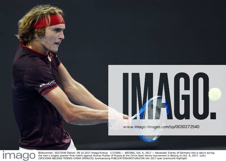 (171006) -- BEIJING, Oct. 6, 2017 -- Alexander Zverev of Germany hits a return during the men s singles quarter-final match against Andrey Rublev of Russia at the China Open tennis tournament in Beijing on Oct. 6, 2017. )(dx) (SP)CHINA-BEIJING-TENNIS-CHINA OPEN(CN) JuxHuanzong