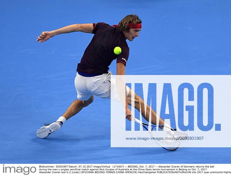 (171007) -- BEIJING, Oct. 7, 2017 -- Alexander Zverev of Germany returns the ball during the men s singles semifinal match against Nick Kyrgios of Australia at the China Open tennis tournament in Beijing on Oct. 7, 2017. Alexander Zverev lost 0-2.)(wdz) (SP)CHINA-BEIJING-TENNIS-CHINA OPEN(CN) HexChangshan