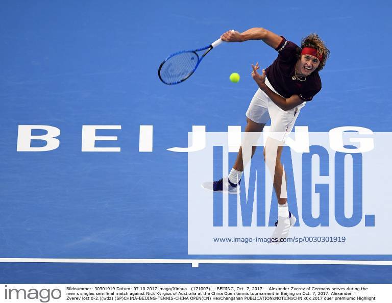 (171007) -- BEIJING, Oct. 7, 2017 -- Alexander Zverev of Germany serves during the men s singles semifinal match against Nick Kyrgios of Australia at the China Open tennis tournament in Beijing on Oct. 7, 2017. Alexander Zverev lost 0-2.)(wdz) (SP)CHINA-BEIJING-TENNIS-CHINA OPEN(CN) HexChangshan