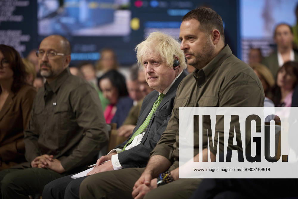 Siting from left: Former Defense Minister Oleksii Reznikov, former British Prime Minister Boris Johnson, and chief of presidential staff Andriy Yermak, listen to speakers at the 18th meeting of the Yalta European Strategy conference, September 8, 2023 in Kyiv, Ukraine. Kyiv Ukraine - ZUMAp138 20230908_zaa_p138_036