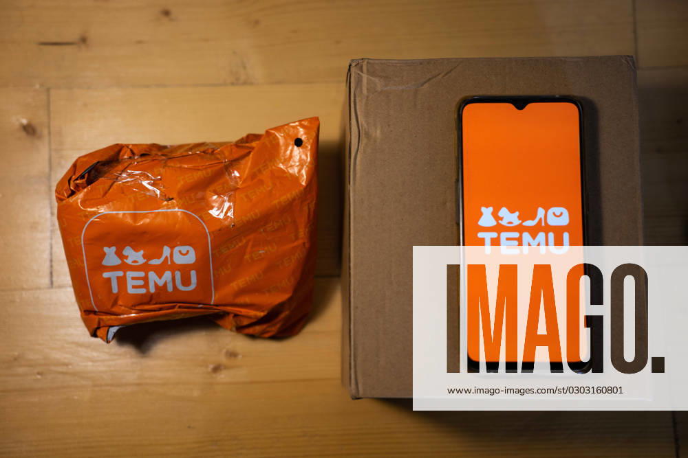 Temu Marketplace Stock Photo Illustrations A package from Temu is seen and a mobile phone with the Temu logo on its screen. Athens Greece