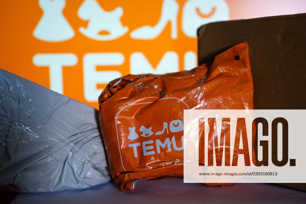 Temu Marketplace Stock Photo Illustrations A package from Temu among with other packages, in front of a screen with the logo of Temu. Athens Greece
