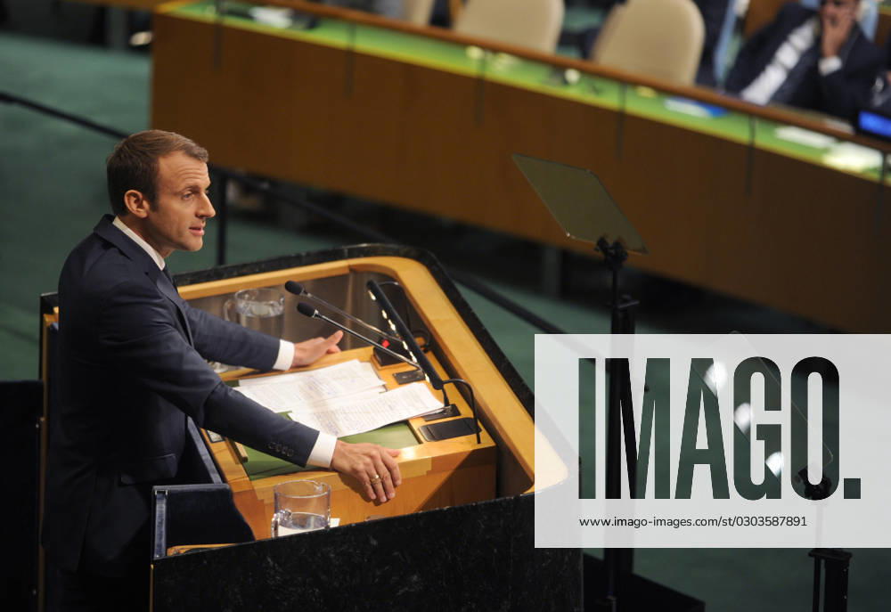 French President Emmanuel Macron speaking at the United Nations in New York French President Emmanuel Macron speaking at the United Nations in New York, Credit:Dennis Van Tine Avalon