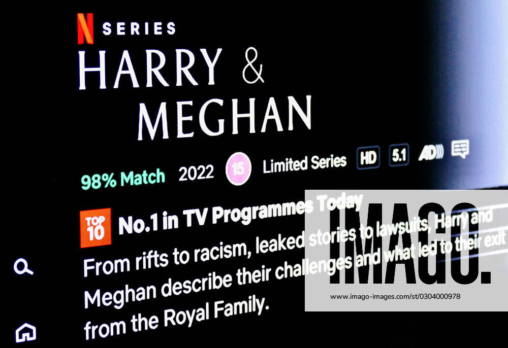 Harry & Meghan Neflix series trending at number one in the top 10 TV programmes in the UK today A television screen showing the Netflix Harry & Meghan series which is causing much controversy, the programme is listed as number one to watch in the UK today., Credit:Geoffrey Swaine Avalon UK