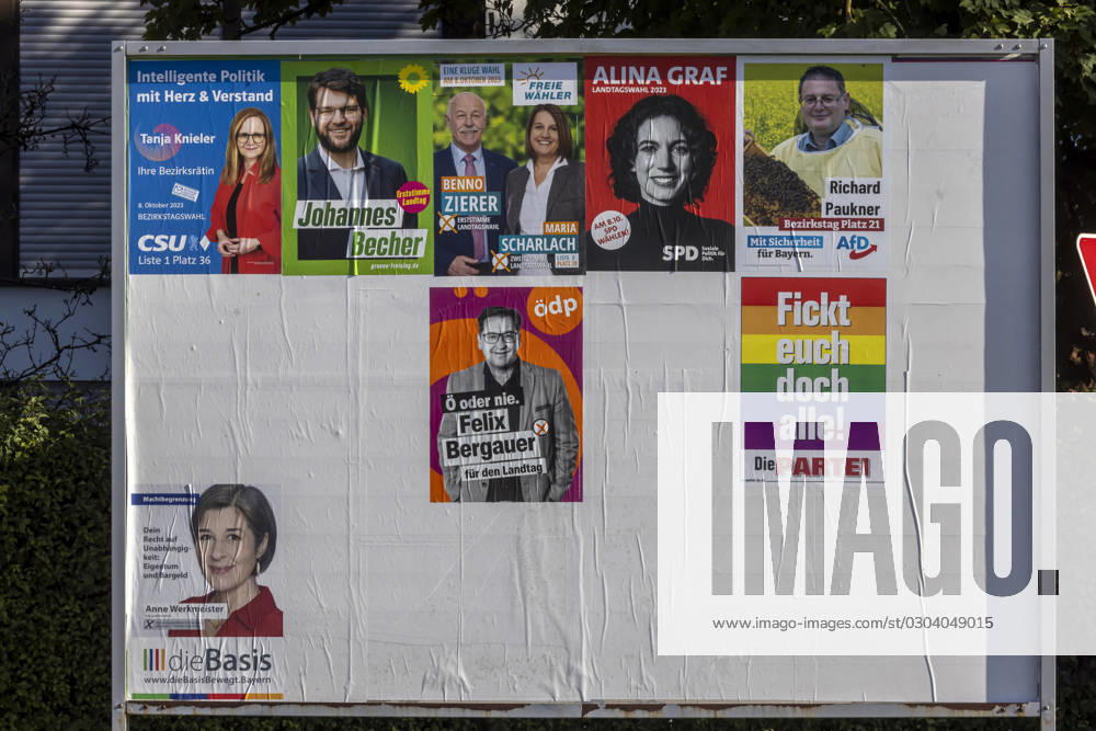 KW37 Landtagswahl Bayern. Plakatwand in Hallbergmoos, Plakat der Satirepartei DIE PARTEI. Motto: Fickt euch doch alle! 12.09.2023: Hallbergmoos, Bayern, Deutschland, Europa