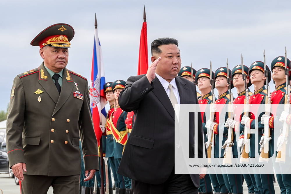 KW37 RUSSIA, PRIMORYE REGION - SEPTEMBER 16, 2023: Russia s Defence Minister Sergei Shoigu (L) and North Korea s Supreme Leader Kim Jong Un are seen during a welcome ceremony at Vladivostok International Airport. Vadim Savitsky Russian Defence Ministry Press Office TASS 62224402