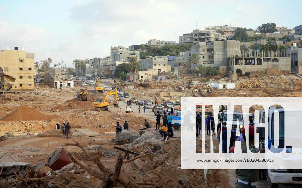 (230917) -- DERNA, Sept. 17, 2023 -- Rescuers work in Derna, Libya, Sept. 16, 2023. On Sept. 10, Mediterranean storm Daniel made landfall in Libya, bringing heavy storms and flash floods along its path in the northeast of the war-torn country and causing extensive damage to residential areas and infrastructure. At least 5,500 people were dead and another 10,000 missing in the disaster, according to the official update on Wednesday. The International Organization for Migration (IOM) said on Friday that more than 38,640 people have been displaced in the most affected areas in northeastern Libya. (Photo by Xinhua) (FOCUS)LIBYA-DERNA-FLOODS-AFTERMATH HamzaxTurkia