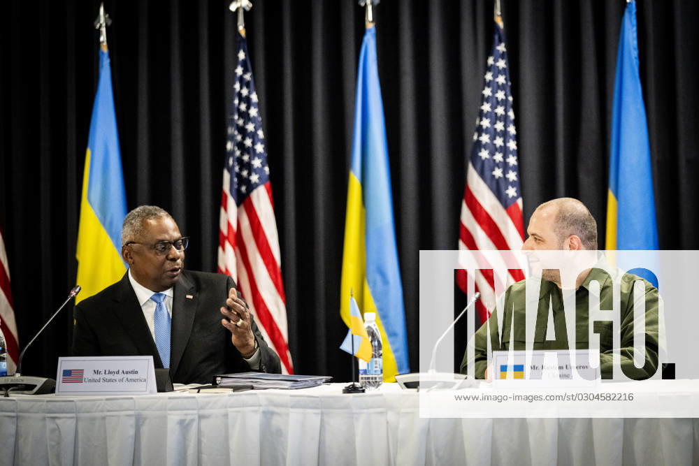 US Secretary of Defense Lloyd Austin and Ukrainian Defense Minister Rustem Umierov attend UDCG meeting at the Ramstein base in Germany on Tuesday, September 19, 2023. The Ukraine Defense Contact Group consists of a number of countries and the group aims to secure military donations to Ukraine. (Photo: Ida Marie Odgaard Scanpix 2023) sendxnet, Ramstein Denmark