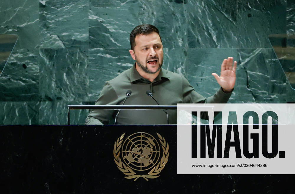 President of Ukraine Volodymyr Zelenskyy speaks at the UN General Assembly 78th session General Debate in UN General Assembly Hall at the United Nations Headquarters on Tuesday, September 19, 2023 in New York City. NYP20230919542 JASONxSZENES