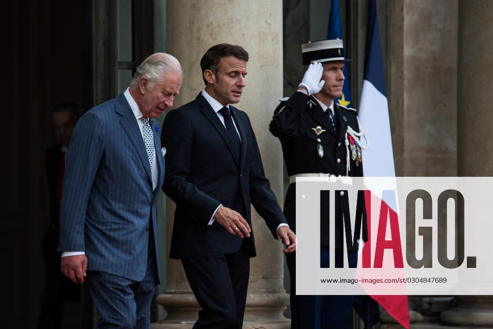 FRANCE TOP LEVEL SUMMIT IN PARIS French President Emmanuel Macron and King Charles III of England at the Elysà e Palace after the bilateral meeting. In Paris, 20 September, 2023. PARIS ILE-DE-FRANCE FRANCE