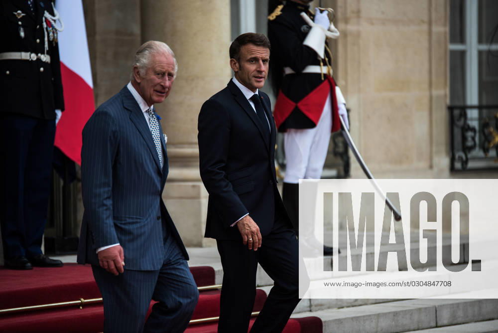 FRANCE TOP LEVEL SUMMIT IN PARIS French President Emmanuel Macron and King Charles III of England at the Elysà e Palace after the bilateral meeting. In Paris, 20 September, 2023. PARIS ILE-DE-FRANCE FRANCE